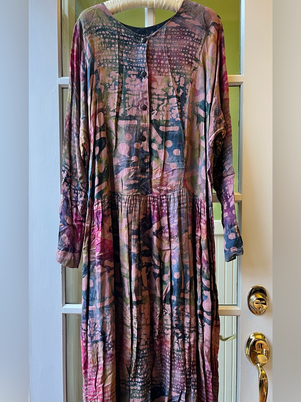 Long Sleeve Maxi Dress with Multicolor Artsy Tie-Dye in Pink Purple & Blue Tones